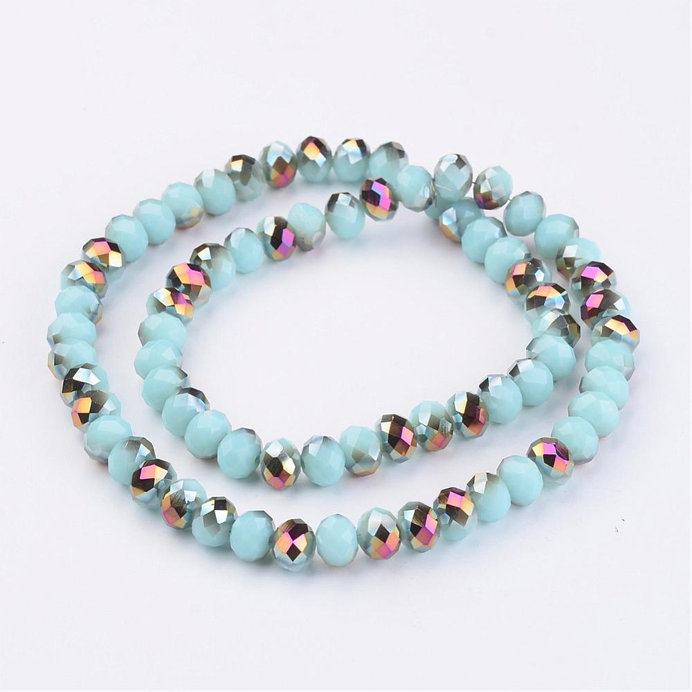 PandaHall Electroplate Glass Bead Strands, Half Plated, Faceted, Rondelle, Turquoise, 8x6mm, Hole: 1mm; about 72pcs/strand, 15.7'' Glass...