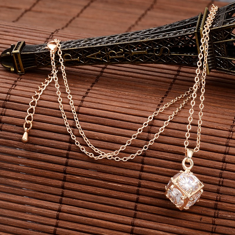 PandaHall Cube Brass Cubic Zirconia Pendant Necklaces, with Cable Chain and Lobster Claw Clasps, Nickel Free, Golden, 17.5" Brass Clear
