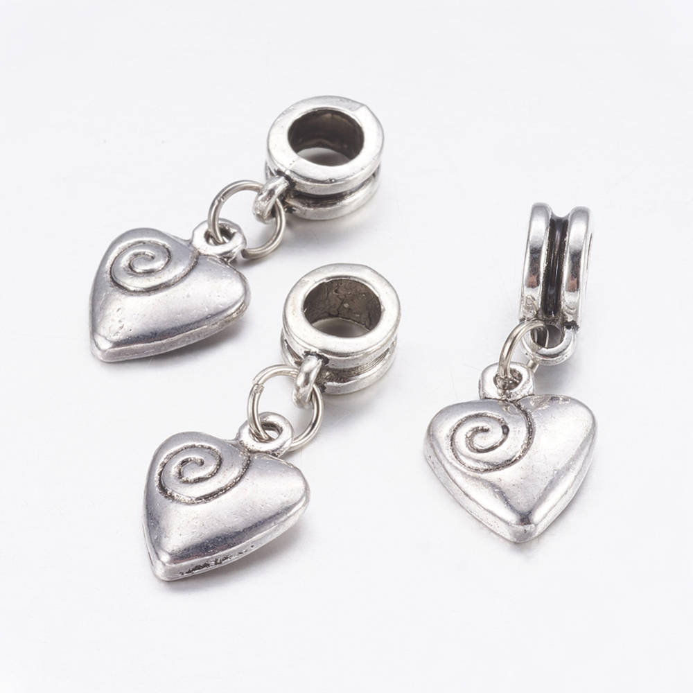 PandaHall Valentine Day Gift Ideas for Men Alloy European Dangle Beads, Heart, Antique Silver, 26mm, Hole: 5mm Alloy Heart