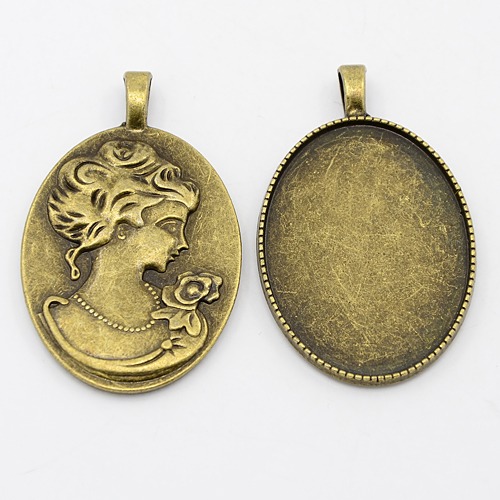 PandaHall Tibetan Style Zinc Alloy Pendant Cabochon Settings, Oval with Woman portrait, Cadmium Free & Nickel Free & Lead Free, Antique...