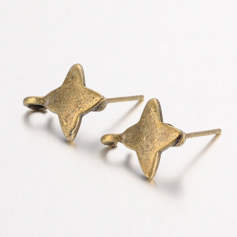 PandaHall Tibetan Style Stud Earring Findings, Lead Free and Nickel Free, Star, Antique Bronze, 13x10mm, Hole: 2mm, Pin: 1mm thick Alloy