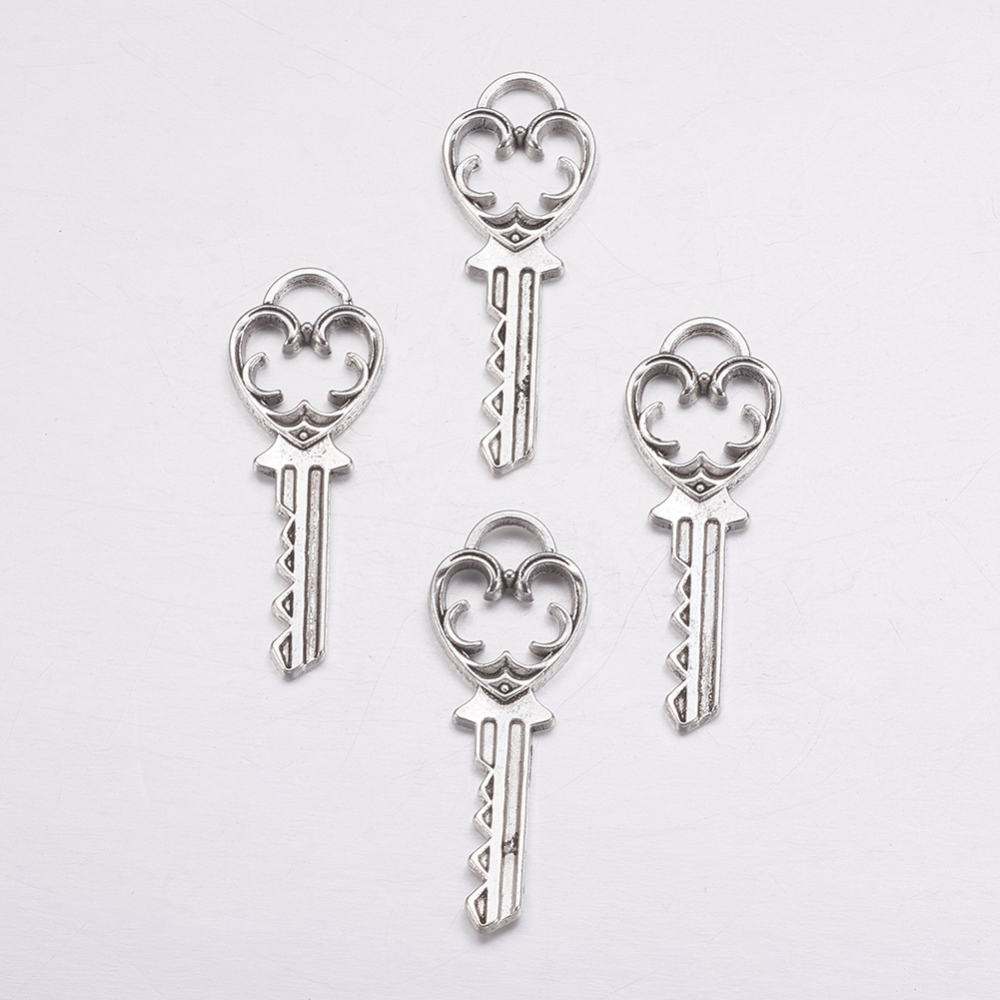 PandaHall Antique Silver Tone Alloy Key Pendants, Lead Free and Cadmium Free, about 38mm long, 13mm wide, 1.5mm thick Alloy Key Silver