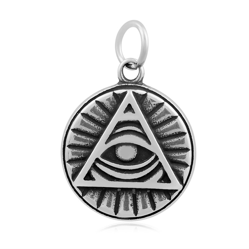 PandaHall Flat Round with All-Seeing Eye 316 Stainless Steel Pendants, Antique Silver, 23x19x3mm, Hole: 5mm Stainless Steel Flat Round