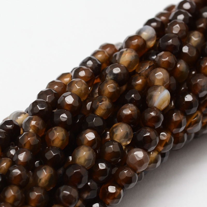 PandaHall Faceted Natural Agate Round Beads Strands, Dyed, Sienna, 4mm, Hole: 1mm; about 92pcs/strand, 15.3" Natural Agate Round Brown
