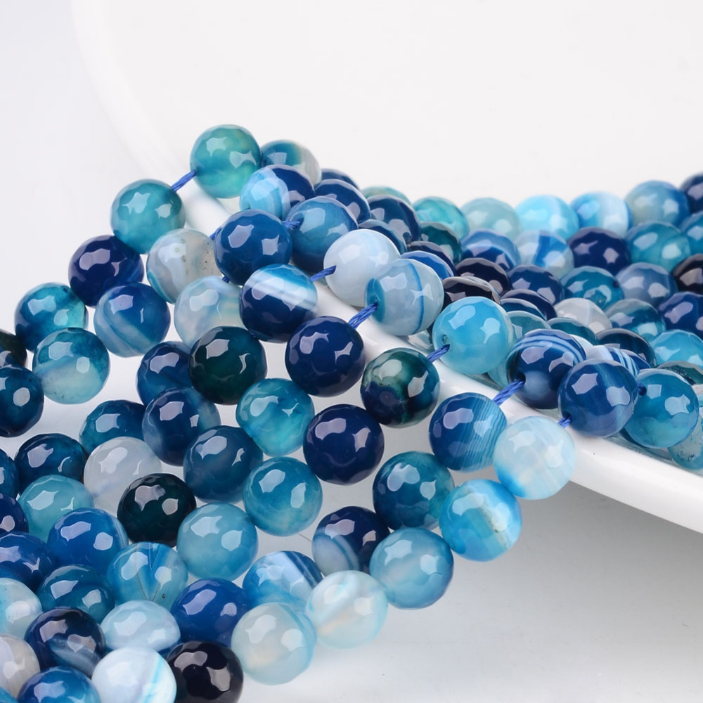 PandaHall Natural Striped Agate/Banded Agate Beads, Dyed, Faceted, Round, Blue, Size: about 8mm in diameter, hole: 1mm, 43pcs/strand, 15.5"...