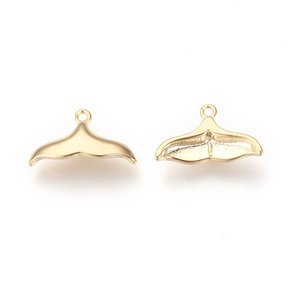 PandaHall Brass Charms, Real Gold Plated, Whale Tail Shaped, 8x14x2.5mm, Hole: 1mm Brass Fish