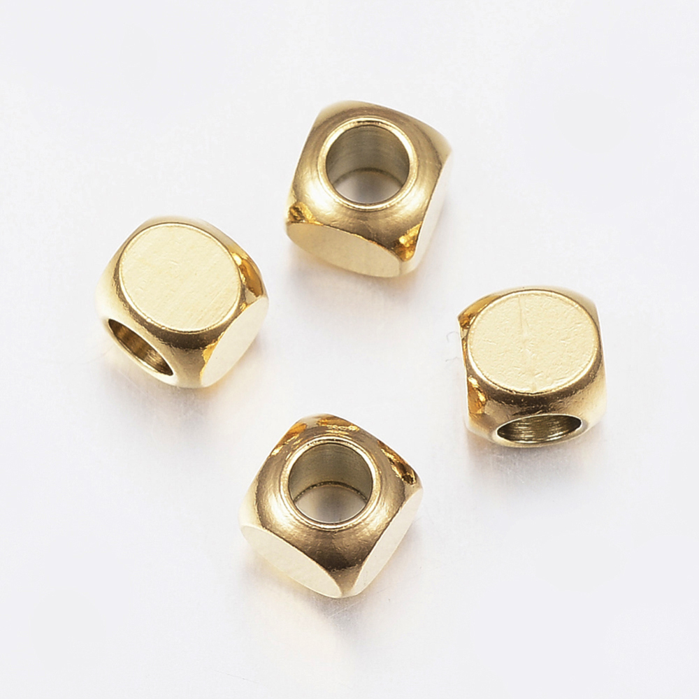PandaHall 304 Stainless Steel Beads, Cube, Golden, 5x5x5mm, Hole: 3mm Stainless Steel Cube