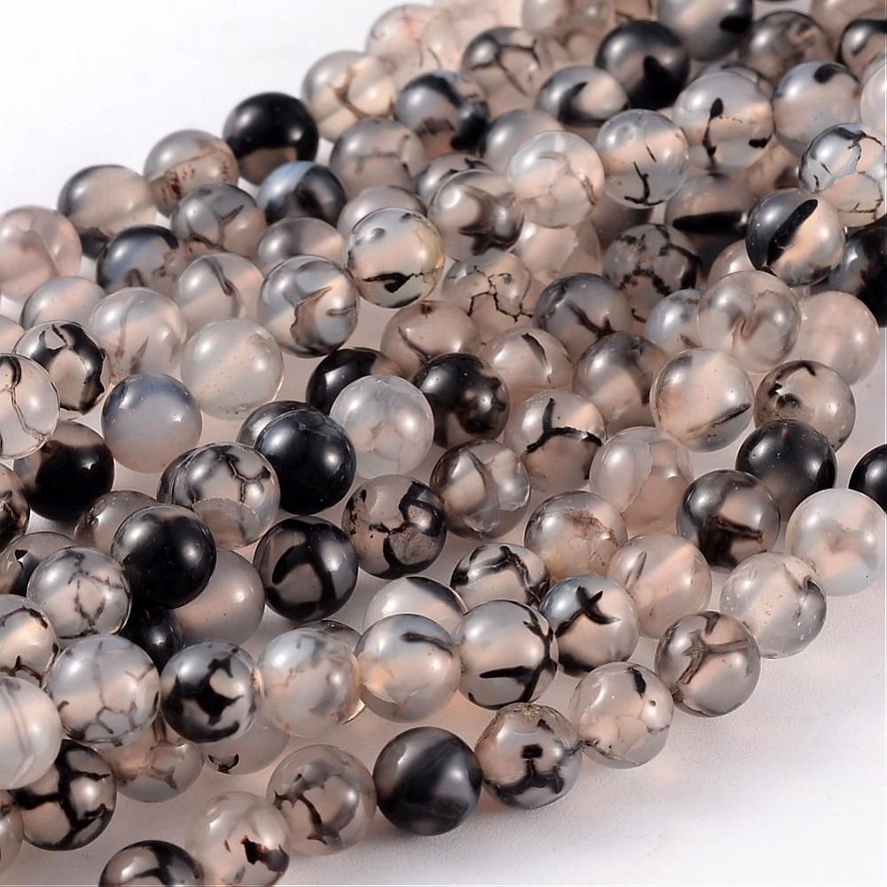 PandaHall Natural Agate Beads, Dyed, Dragon Veins Beads, Dyed, Round, Gray, Size: about 6mm in diameter, hole: 1mm, 63pcs/strand, 15.5"...