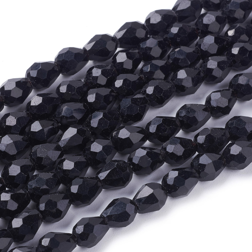 PandaHall Glass Beads Strands, Faceted, Drop, Black, 7x5mm; Hole: 1mm, about 72pcs/strand, 11" Glass Drop Black
