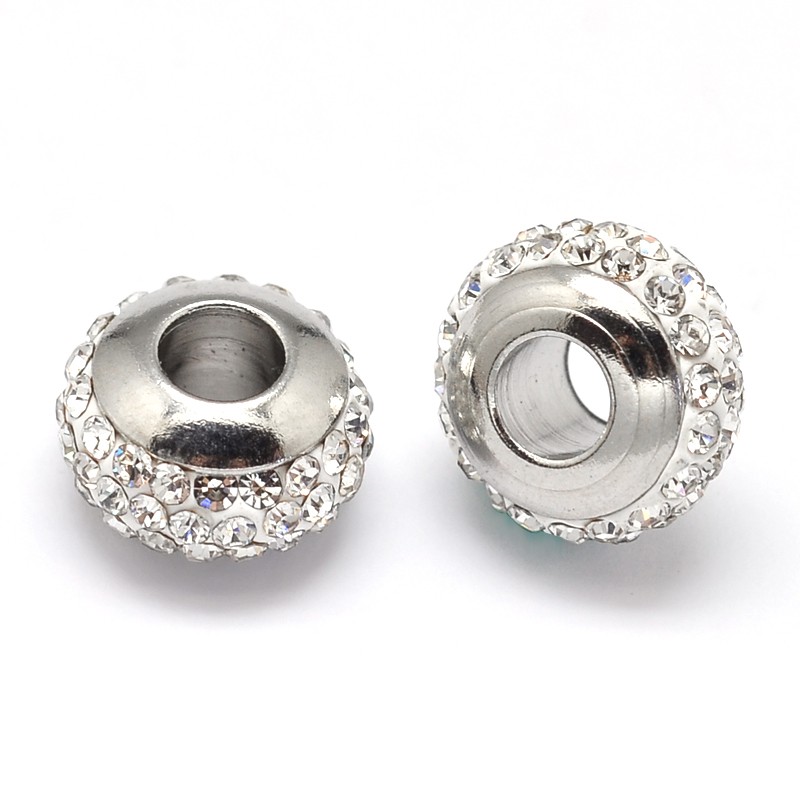 PandaHall Rondelle 304 Stainless Steel Polymer Clay Rhinestone European Beads, with Double Side Platinum Color Core, Stainless Steel Color...