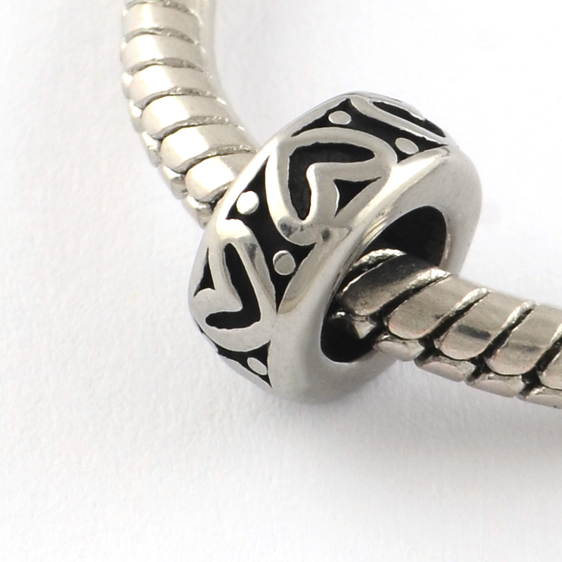 PandaHall Vintage Donut with Heart 316 Stainless Steel Large Hole Beads, Antique Silver, 9x4mm, Hole: 5mm Stainless Steel Donut