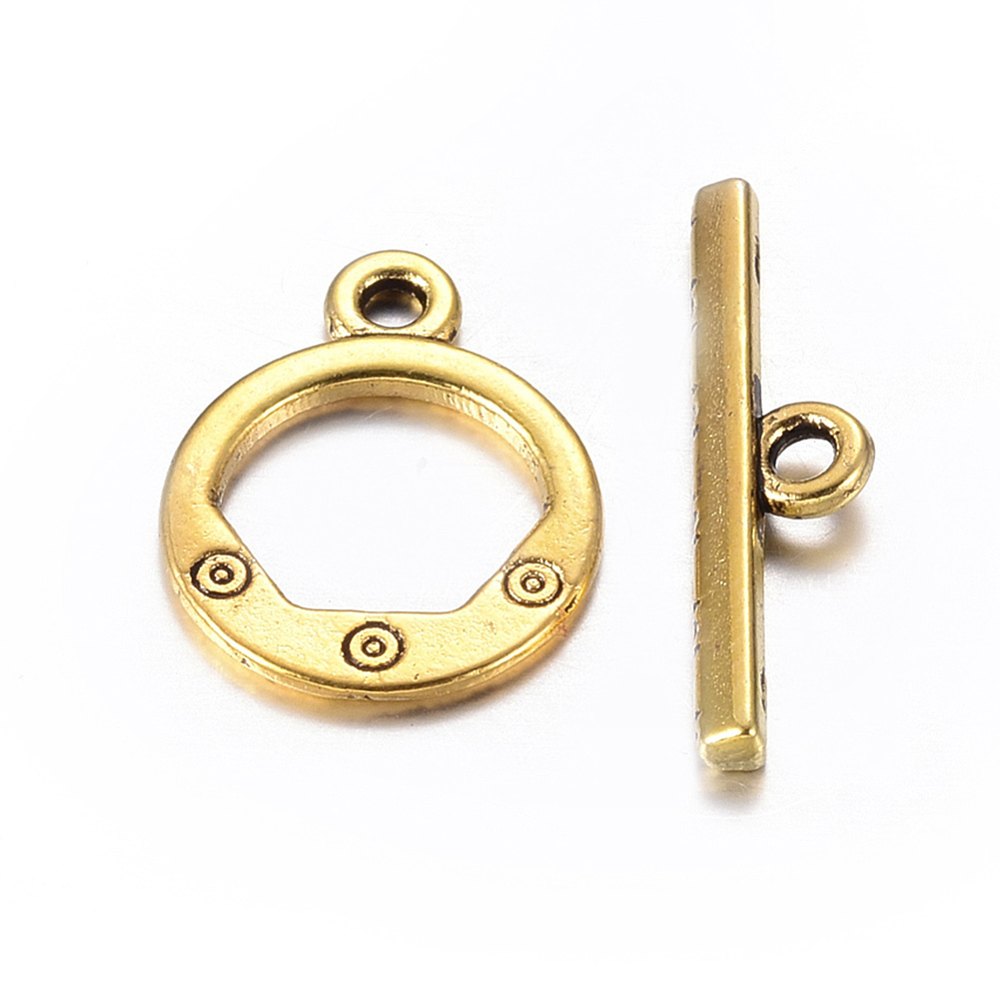PandaHall Tibetan Style Alloy Toggle Clasps, Antique Golden, Lead Free and Cadmium Free, Ring: 13.5mm wide, 17.5mm long, Bar: 23mm long...