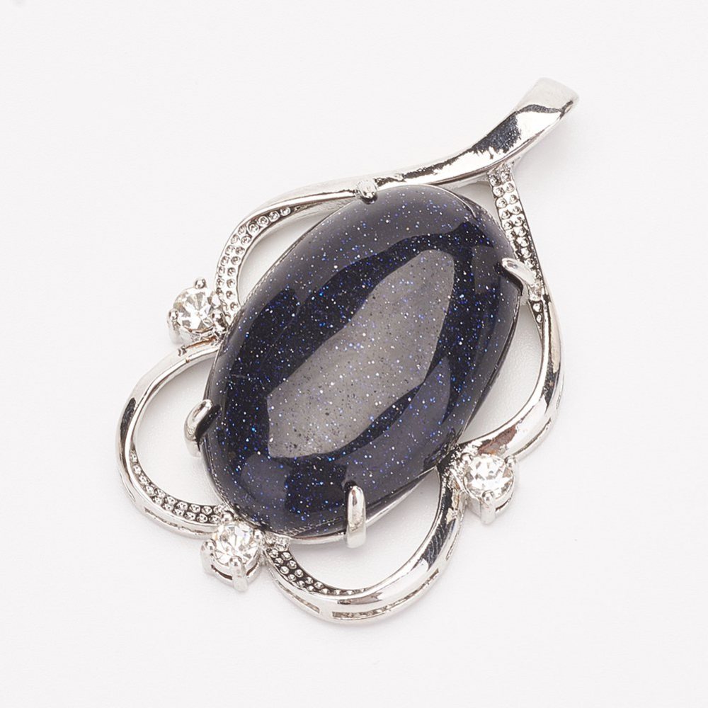 PandaHall Synthetic Blue Goldstone Pendants, Flat Oval, with Brass Findings, Platinum, 48x31x11mm, Hole: 4x6mm Blue Goldstone Oval