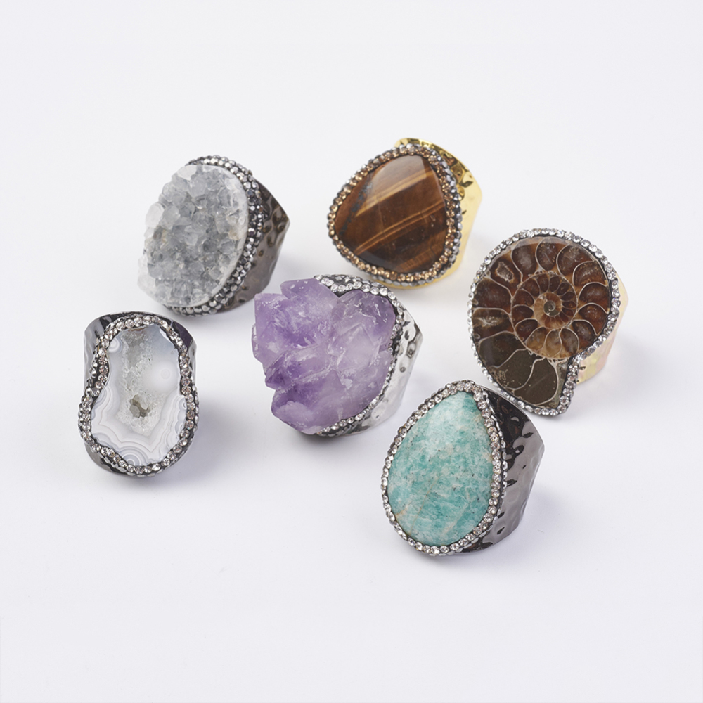 PandaHall Natural Gemstone Cuff Finger Rings, with Polymer Clay Rhinestone and Brass Findings, Nuggets, Size 8, 18mm Mixed Stone Multicolor