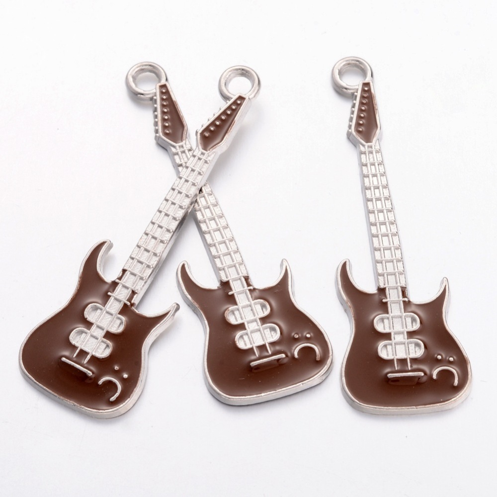 PandaHall Alloy Enamel Pendants, Guitar, Lead Free and Cadmium Free, Coffee, Platinum, about 62mm long, 18.5mm wide, 2mm, thick, hole: 3mm...