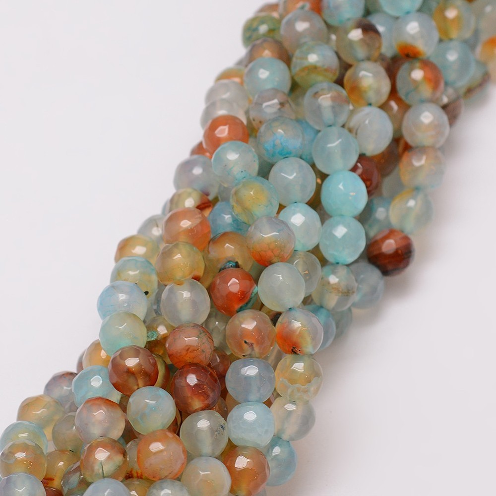 PandaHall Natural Agate Bead Strands, Dyed, Faceted, Round, LightCyan, 8mm, Hole: 1mm; about 47pcs/strand, 14" Natural Agate Round Cyan