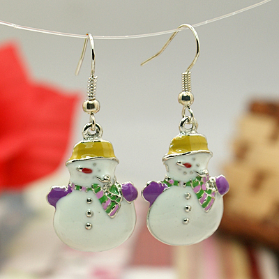 PandaHall Fashion Earrings for Christmas, with Enameled Alloy Pendants and Brass Earring Hooks, White, 41mm Alloy White