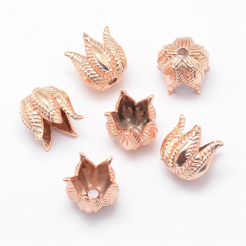 PandaHall 5-Petal Flower Rack Plating Brass Bead Caps, Light Gold, 14x13mm, Hole: 2mm; Inner Diameter: 9mm Brass