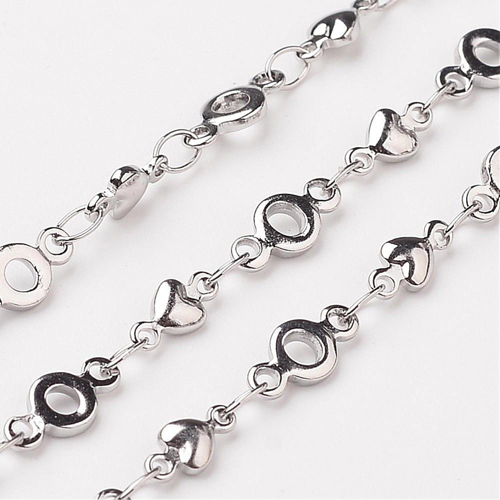 PandaHall 304 Stainless Steel Heart Chains, Decorative Chain, with Donut Connector, Stainless Steel Color, 4x2mm Stainless Steel