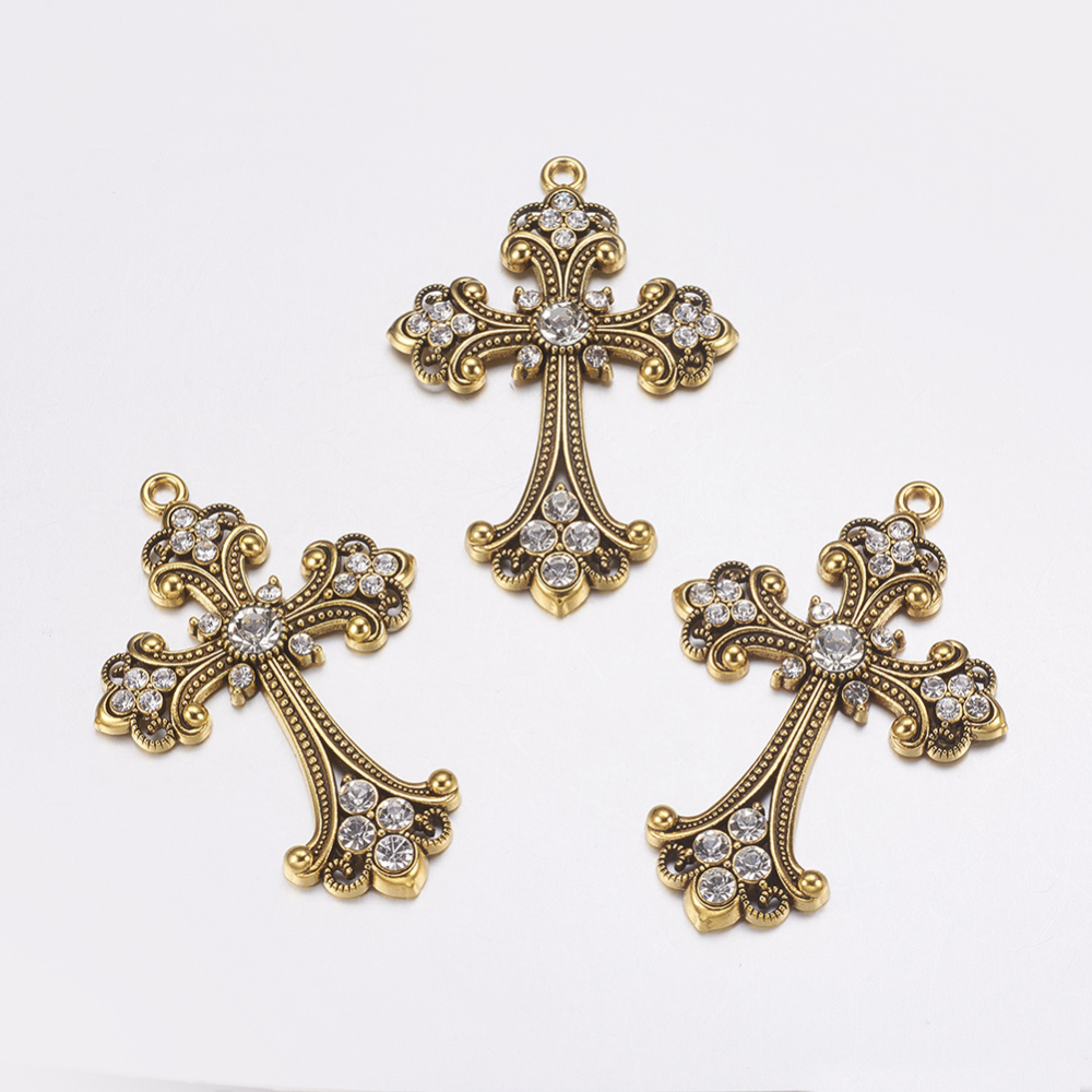 PandaHall Alloy Rhinestone Cross Big Pendants, Lead Free & Cadmium Free & Nickel Free, Antique Golden, 75x50x7mm, Hole: 3.5mm...