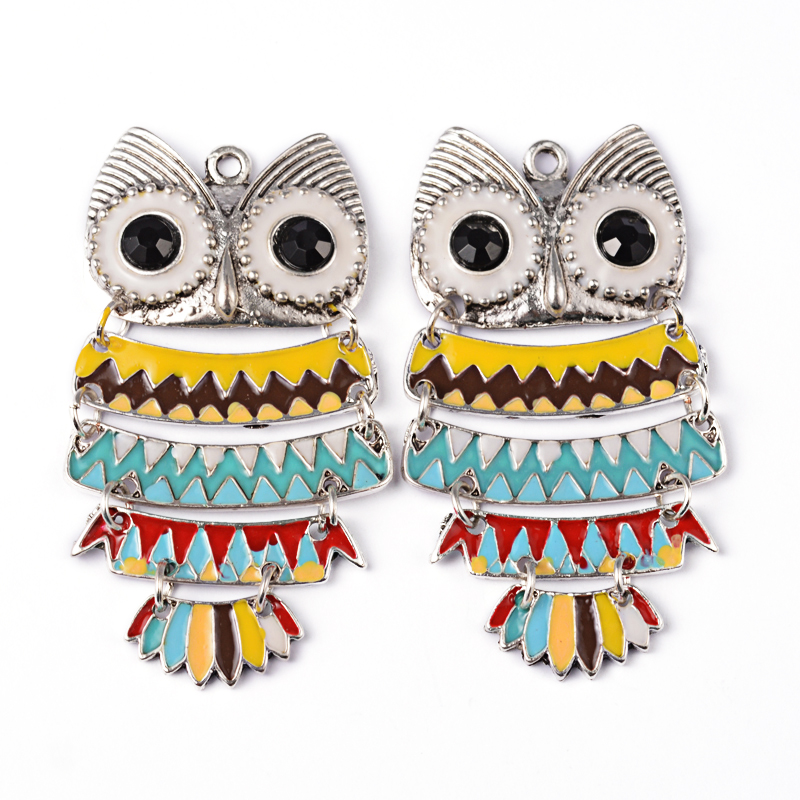 PandaHall Alloy Enamel Big Pendants, Owl, Colorful, Antique Silver, 61x35x6mm Alloy+Enamel Owl