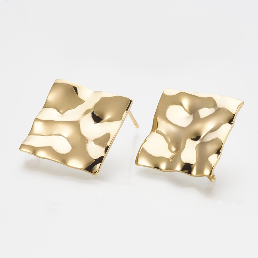 PandaHall Brass Stud Earring Findings, Real Gold Plated, Rhombus, 25x25mm, Hole: 2.5mm; pin: 0.8mm Brass