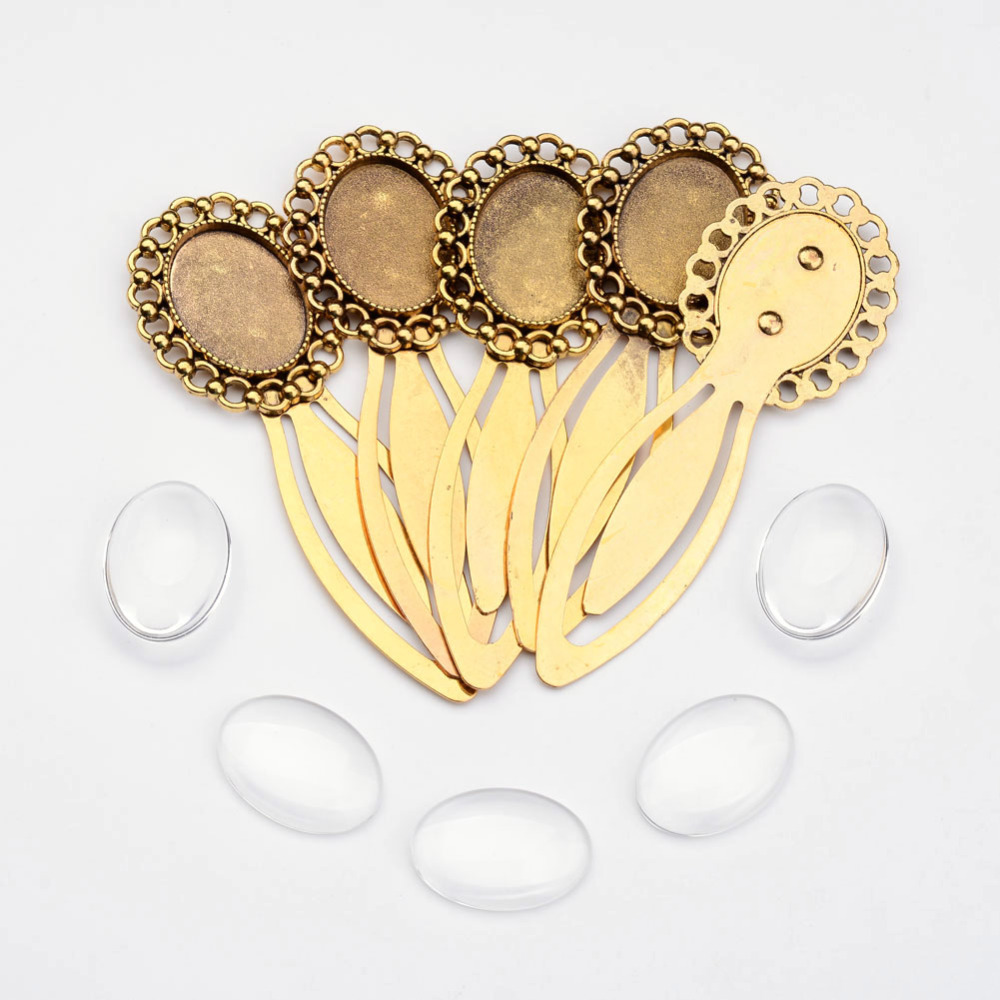 PandaHall Bookmark Makings Sets, with Alloy Cabochon Settings and Glass Cabochons, Oval, Cadmium Free & Nickel Free & Lead Free, Antique...