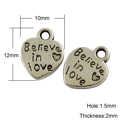 PandaHall "Believe In Love" Idiom Tibetan Style Charms, Lead Free & Cadmium Free, Heart with Phrase, for Valentine's Day, Antique Silver...