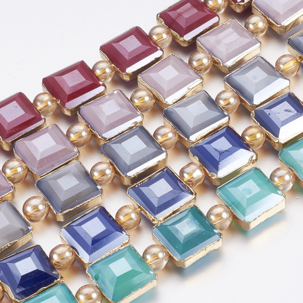 PandaHall Opaque Glass Beads Strands, with Brass Findings, Pearl Luster Plated, Faceted, Square, Golden, Mixed Color, 13x13x8mm, Hole: 1mm;...