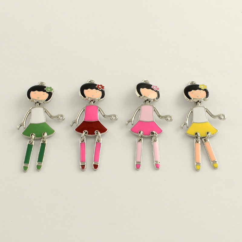 PandaHall Fashion Girl Zinc Alloy Enamel Big Pendants, Nickel Free, Platinum, Mixed Color, 55x24x2mm, Hole: 2mm Alloy+Enamel Human...