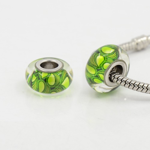 PandaHall Platinum Color Brass Double Cores Glass European Beads Fit European Bracelets DIY, Large Hole Beads, Rondelle with Pattern...