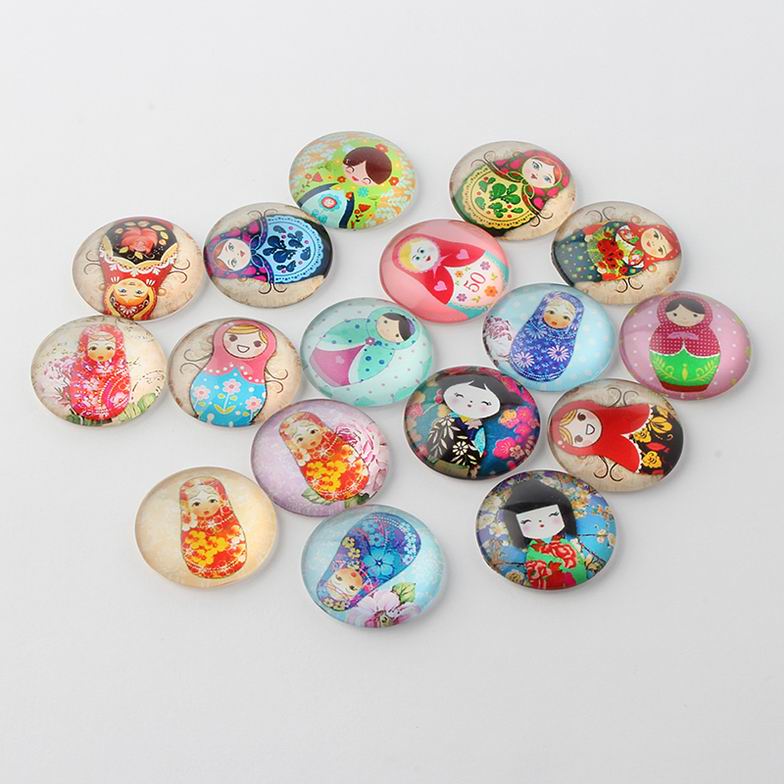 PandaHall Russian Girl Doll Printed Glass Cabochons, Half Round/Dome, Mixed Color, 10x4mm Glass Half Round Multicolor