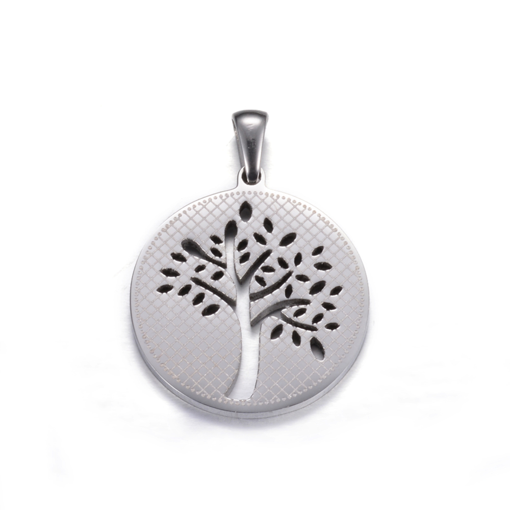 PandaHall 304 Stainless Steel Pendants, Flat Round with Tree of Life, Stainless Steel Color, 27.5x25x2mm, Hole: 7x3mm Stainless Steel Flat...