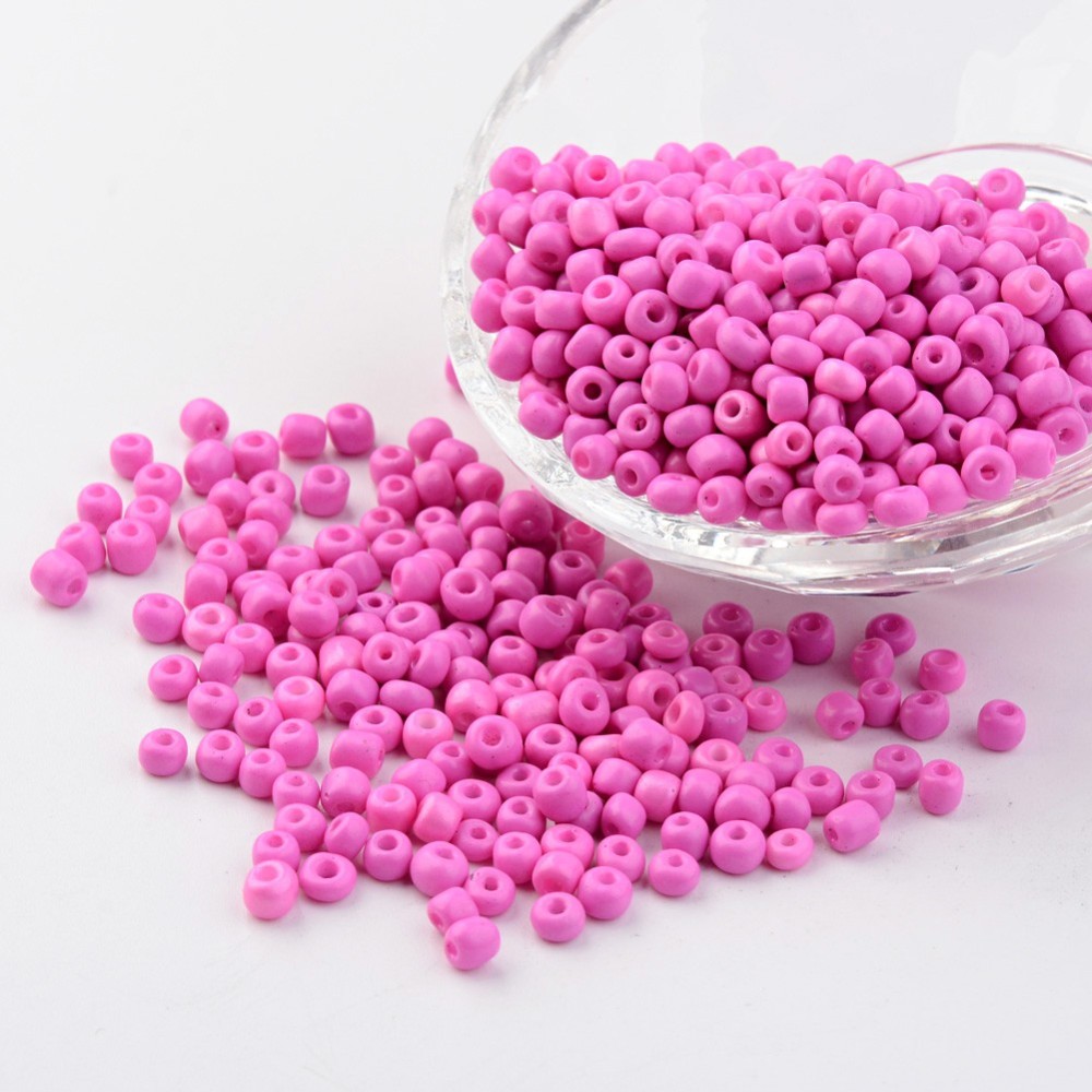 PandaHall 6/0 Glass Seed Spacer Beads Garment Accessories, Opaque Colours, HotPink, 4~5x3~4mm, Hole: 1~2mm; about 427pcs/50g Glass Pink