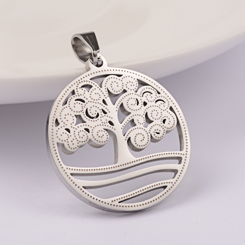 PandaHall 304 Stainless Steel Pendants, Flat Round with Tree, Stainless Steel Color, 27x25x2mm, Hole: 6x4mm Stainless Steel Flat Round