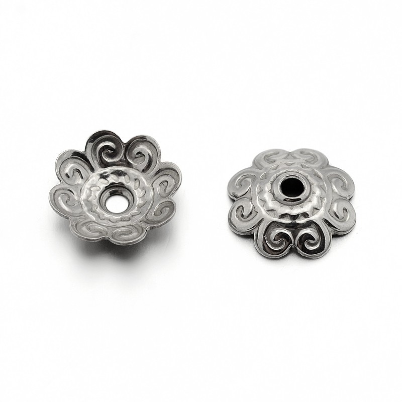 PandaHall 304 Stainless Steel Flower Bead Caps, Stainless Steel Color, 11x3mm, Hole: 1.5mm Stainless Steel