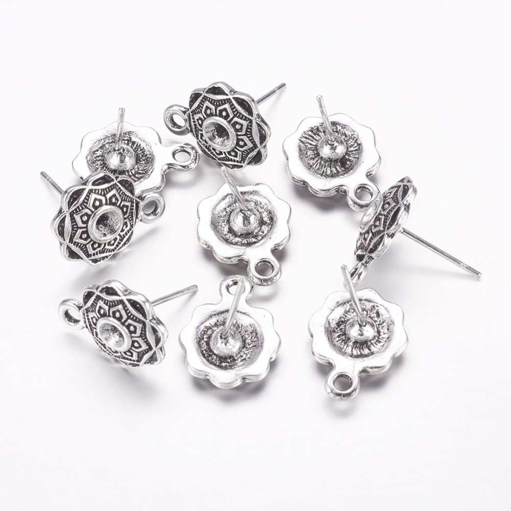 PandaHall Alloy Ear Studs, Lead Free and Cadmium Free, Flower, Antique Silver Color, Earring: about 13.5mm long, 10mm wide, 3.5mm thick...