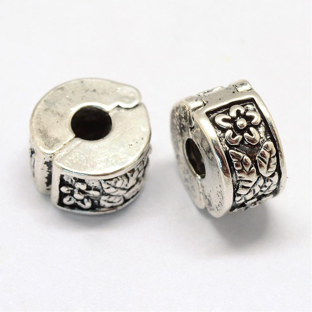 PandaHall Alloy European Style Clasps, Column with Flower, Antique Silver, 11x6mm, Hole: 3mm Alloy Column