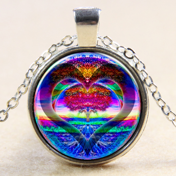 PandaHall Tree Of Life Pattern Flat Round Glass Pendant Necklaces, with Alloy Chains, Silver, 18" Alloy