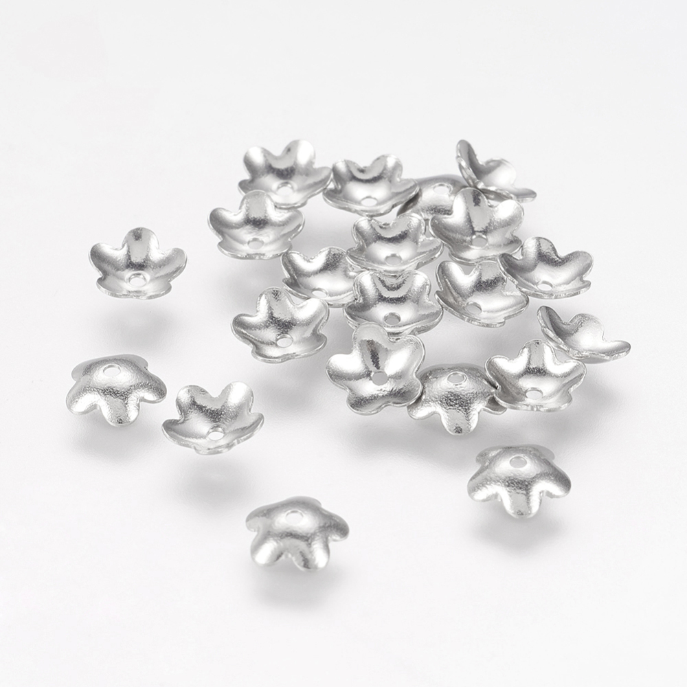 PandaHall 304 Stainless Steel 5-Petal Flower Bead Caps, Stainless Steel Color, 6x2mm, Hole: 0.7mm; about 1000pcs/bag Stainless Steel
