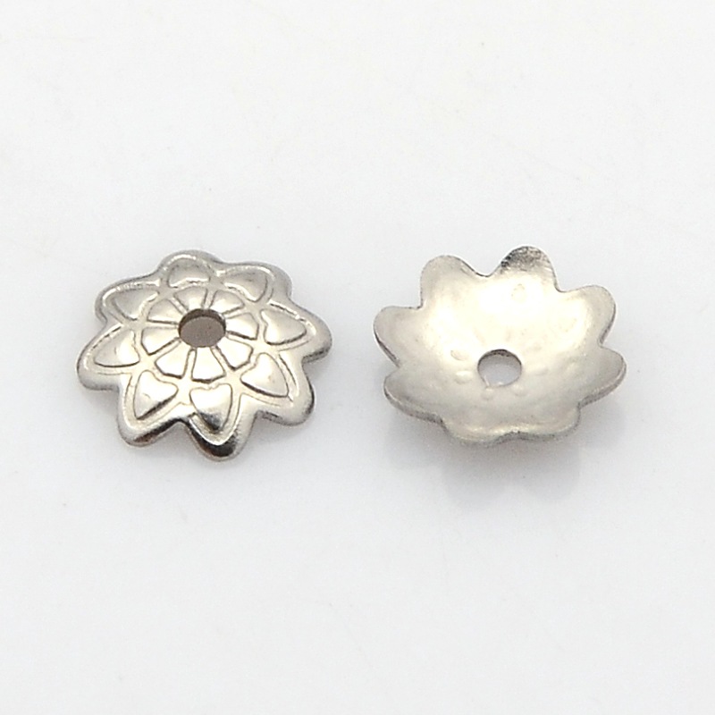 PandaHall 8-Petal 304 Stainless Steel Flower Bead Caps, Stainless Steel Color, 7x1.5mm, Hole: 1mm Stainless Steel