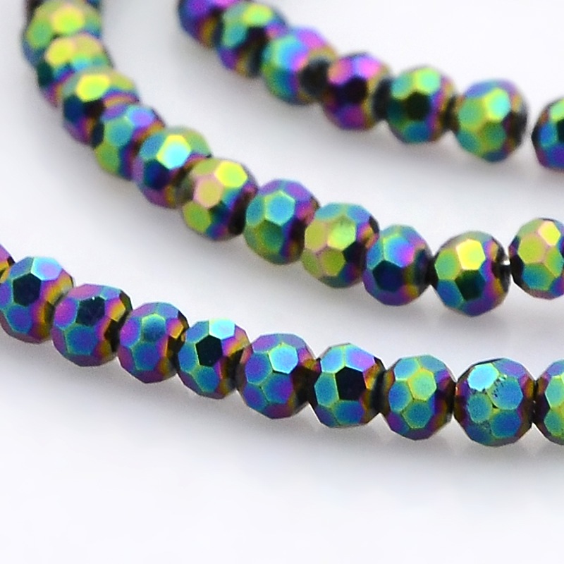 PandaHall Full Plated Glass Faceted Round Spacer Beads Strands, Multi-color Plated, 3mm, Hole: 1mm; about 100pcs/strand, 11.5" Glass Round