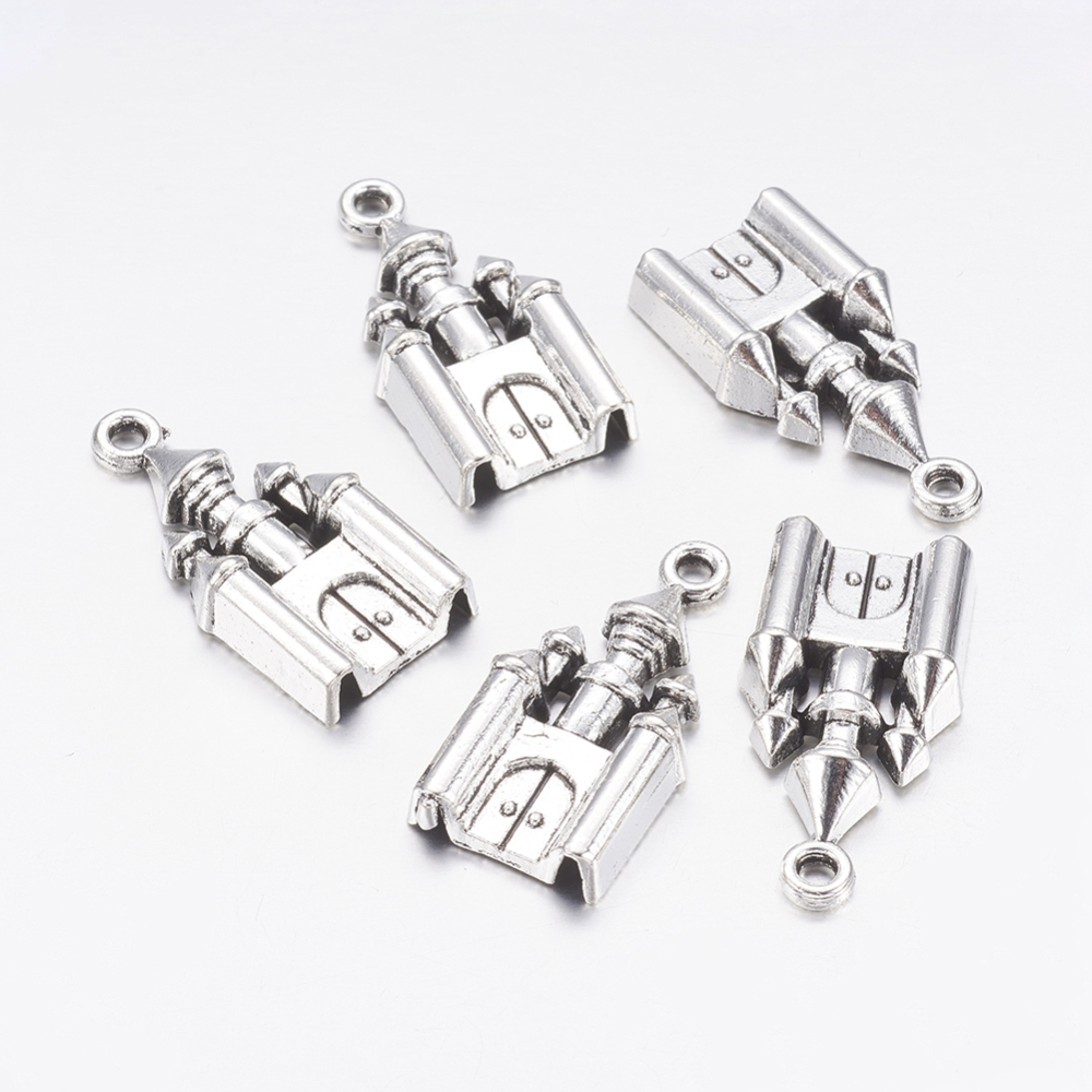 PandaHall Tibetan Style Zinc Alloy Pendants, Lead Free & Cadmium Free, Castle, Antique Silver, 28x14x5mm, Hole: 2mm Alloy Building