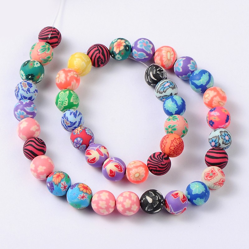 PandaHall 10mm Mixed Handmade Polymer Clay Round/Ball Beads, hole: 1.5~2mm, 40pcs/strand, 16" Polymer Clay Round
