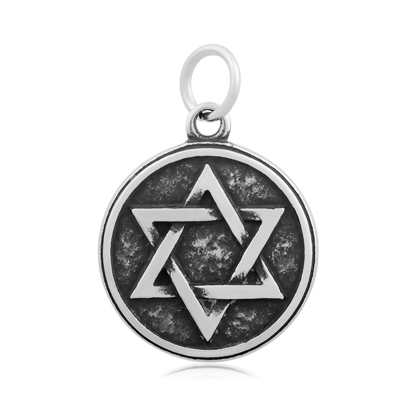 PandaHall Flat Round with Star of David 316 Stainless Steel Pendants, Antique Silver, 23x19x2.5mm, Hole: 5mm Stainless Steel Flat Round