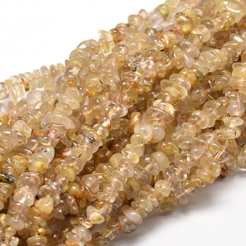 PandaHall Natural Rutilated Quartz Chip Beads Strands, 5~14x4~10mm, Hole: 1mm; about 15.5"~16.1" Rutilated Quartz Chip