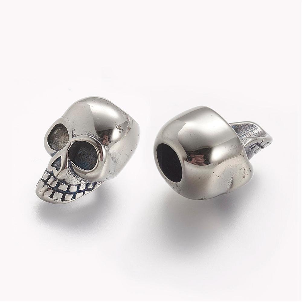 PandaHall 304 Stainless Steel Beads, Skull, Large Hole Beads, Antique Silver, 20x13x13mm, Hole: 6mm Stainless Steel Skull