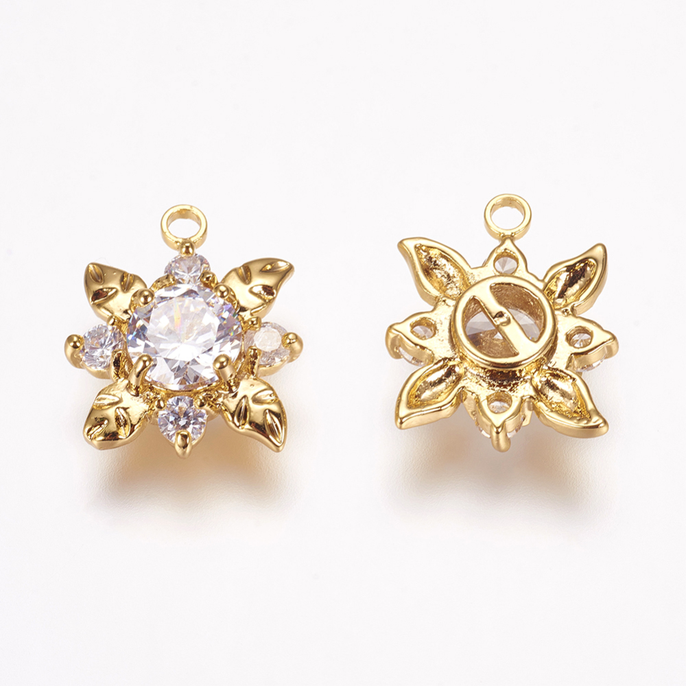 PandaHall Brass Cubic Zirconia Charms, Flower, Real Gold Plated, 15x12x5mm, Hole: 1.5mm Brass+Cubic Zirconia Flower