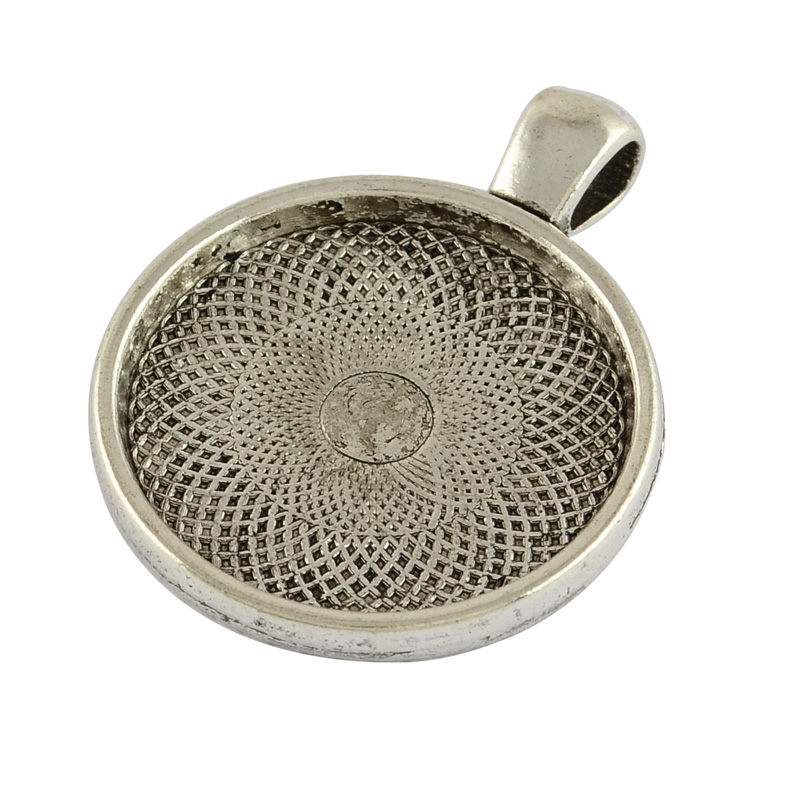 PandaHall Tibetan Style Alloy Flat Round Pendant Cabochon Settings, Lead Free & Nickel Free, Antique Silver, Tray: 24.5mm; 36x28x6mm, Hole...
