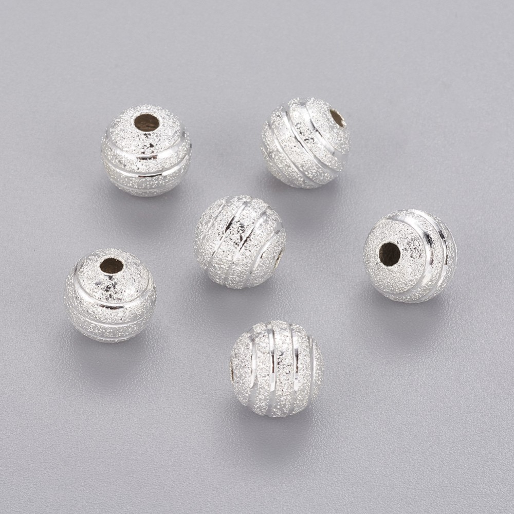 PandaHall Silver Color Brass Stardust Round Beads, Size: about 8mm in diameter, hole: 2mm Brass Round Silver